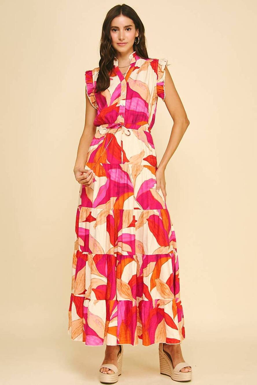 NEW PINCH leaf print button down tiered dress in multi